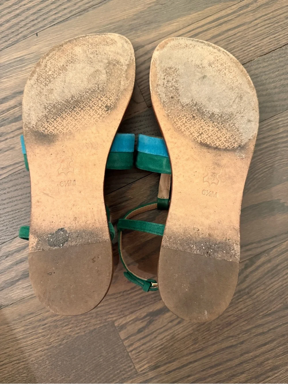 Tory Burch Green & Teal Suede T-Strap Sandals with Gold Logo